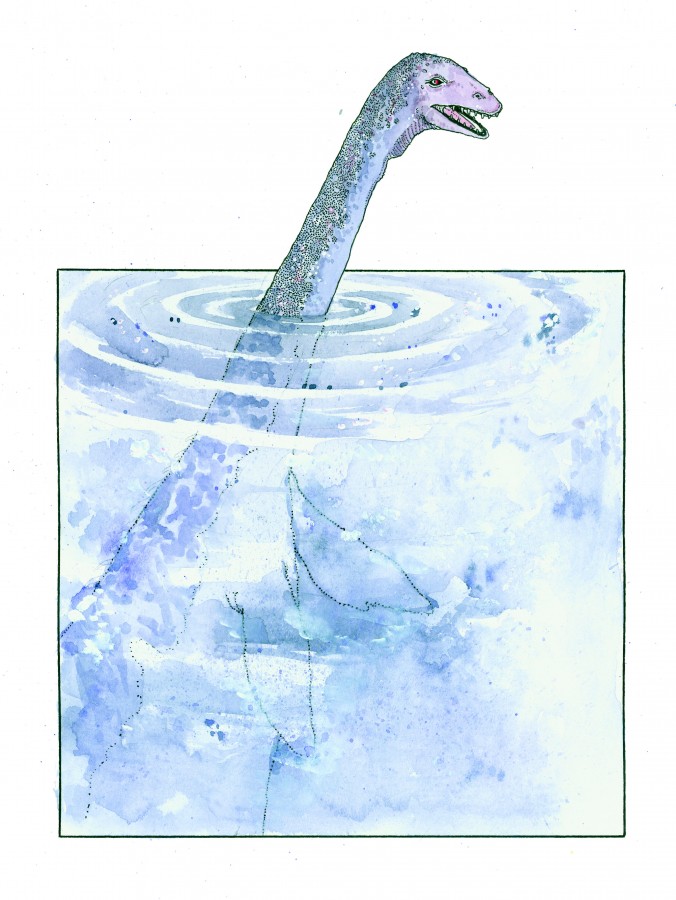 A watercolor illustration of the Loch Ness Monster