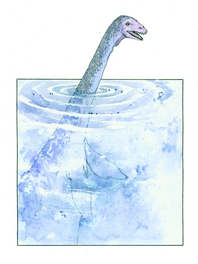 A watercolor illustration of the Loch Ness Monster