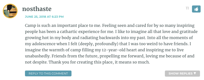 Camp is such an important place to me. Feeling seen and cared for by so many inspiring people has been a cathartic experience for me. I like to imagine all that love and gratitude growing hot in my body and radiating backwards into my past. Into all the moments of my adolescence when I felt (deeply, profoundly) that I was too weird to have friends. I imagine the warmth of camp filling my 12-year-old heart and inspiring me to live unabashedly. Friends from the future, propelling me forward, loving me because of and not despite. Thank you for creating this place, it means so much.