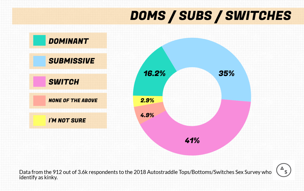 Graph of the Numbers of Dominants / Submissives / Switches: 16.2% Dominant, 35% Submissive, 41% Switches, 4.9% none of the above, 2.9% I'm Not Sure