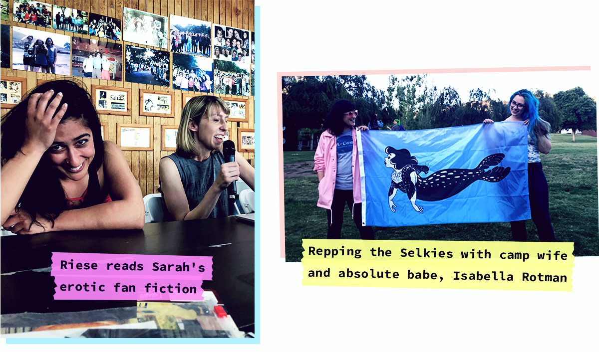 Sarah is holding her face while Riese reads her erotic fan fiction, Sarah and Isabella Rotman holding up the Selkie Color War Flag 