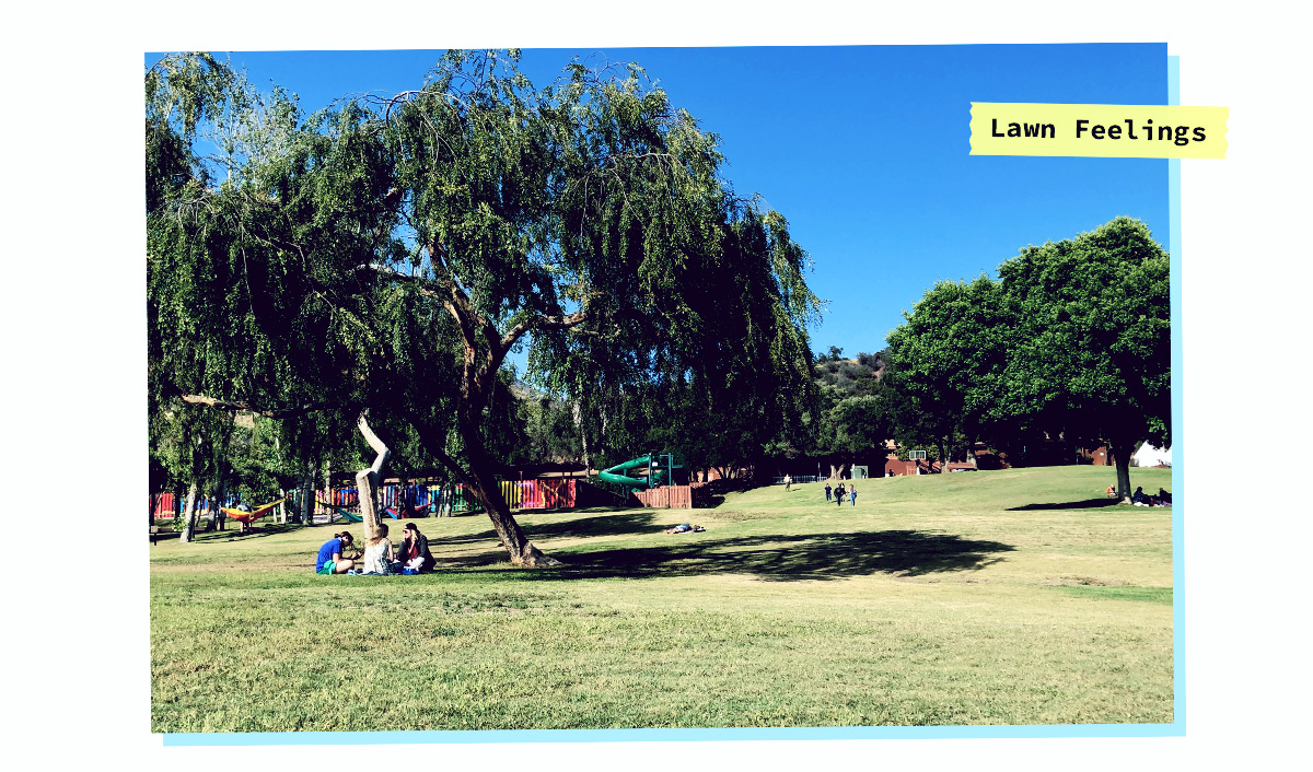 the a-camp grounds, blue skies green grass, caption says "lawn feelings"