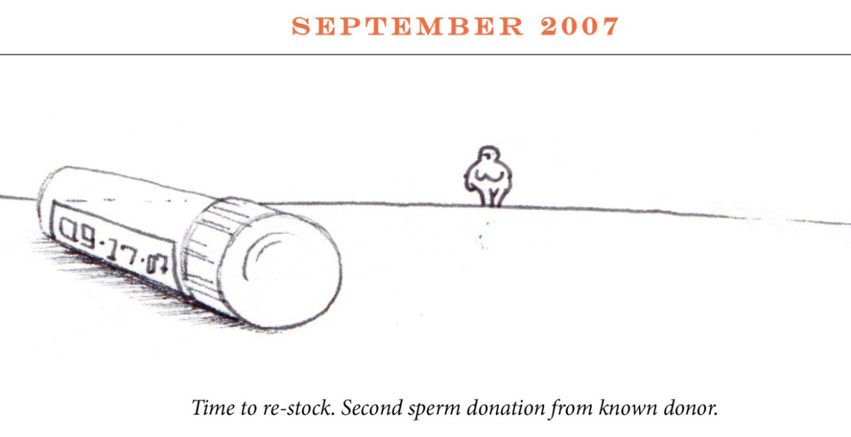 September 2007 Image description: A vile sits in the foreground with the same fertility goddess from April on the distant horizon Caption: “Time to re-stock. Second sperm donation from known donor.