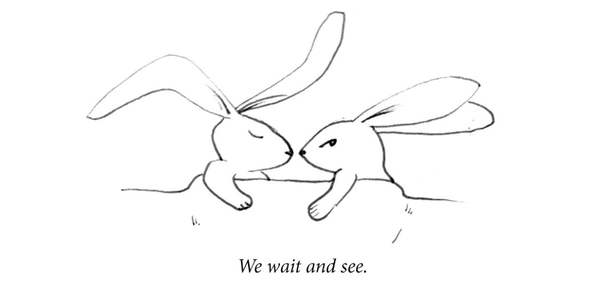 Image description: Two rabbits lie in bed. One is asleep with relaxed ears. The second is awake and looking tense. Caption: “We wait and see.