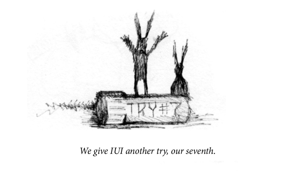 Image description: Two rabbits are in silhouette, drawn as scratched lines. In the foreground a vile reads, “Try #7”. Caption: “We give IUI another try, our seventh. 