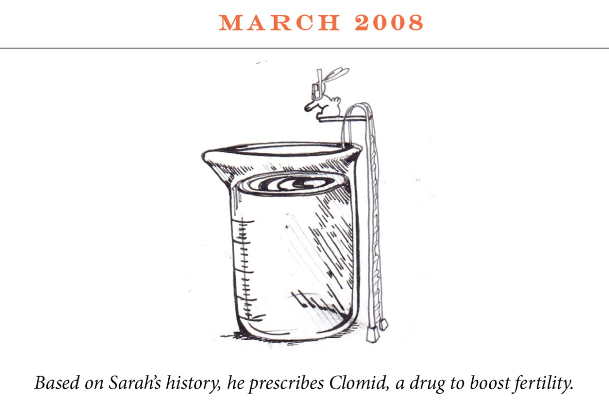 March 2008 Image description: A rabbit wearing a snorkel mask is perched on a diving board above a giant beaker ready to dive in. Caption: “Based on Sarah’s history, he prescribes Clomid, a drug to boost fertility.