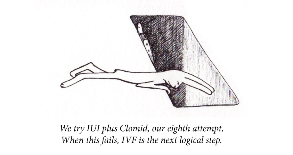 Image description: A rabbit lies on her stomach and looks into a deep grave-shaped hole with a ladder at its side. Caption: “We try IUI plus Clomid, our eighth attempt. When this fails, IVF is the next logical step.