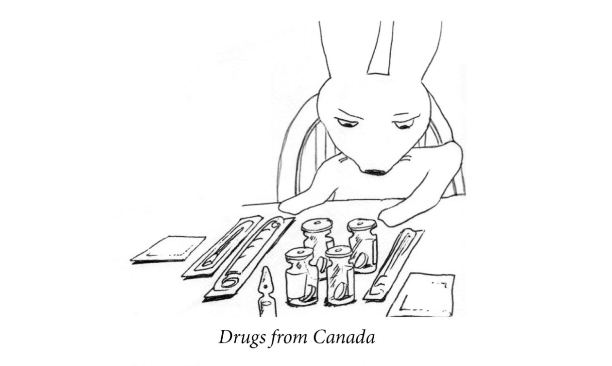 Image description: A rabbit stares at a neatly arranged array of viles, syringes and drugs in various packages. Caption: “Drugs from Canada.