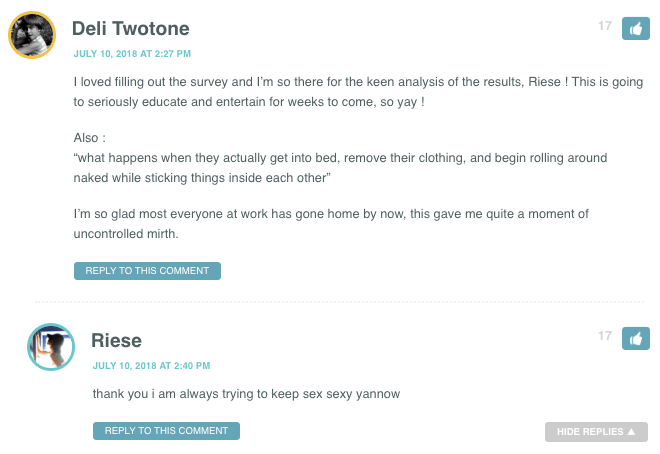 I loved filling out the survey and I’m so there for the keen analysis of the results, Riese ! This is going to seriously educate and entertain for weeks to come, so yay ! Also : “what happens when they actually get into bed, remove their clothing, and begin rolling around naked while sticking things inside each other