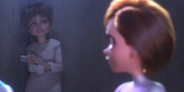 In the Incredibles 2, Elastigirl looks over her shoulder at her long time crush. Both are in a dark, almost prison looking, cell. You cannot see Elasigirl's face.