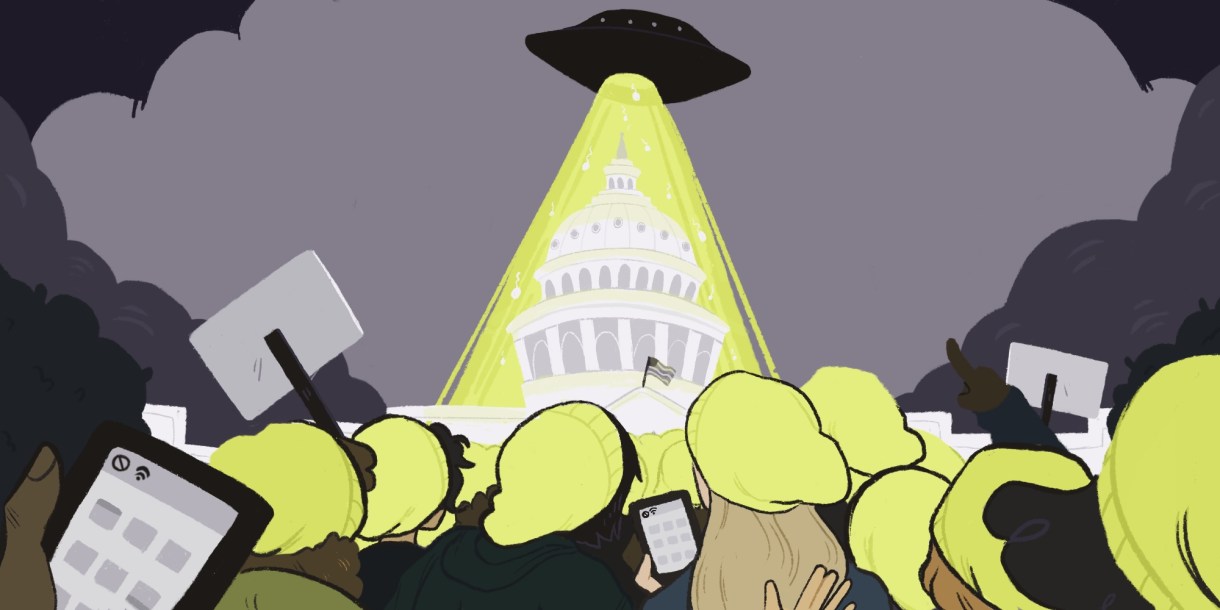 a crowd of people looking at a strange ship (READ: UFO) hovering over the capital, emitting an eerie yellow) holding cell phones with no service symbols on them