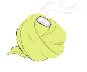 the orb, wrapped in a poncho, emitting a strange smoke