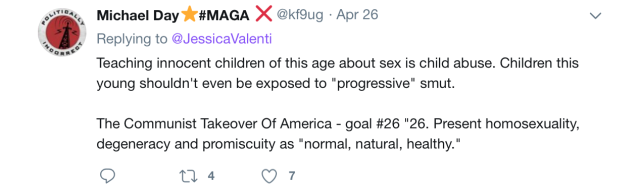 Tweet by @kf9ug: Teaching innocent children of this age about sex is child abuse. Children this young shouldn't even be exposed to "progress" smut. The Communist Takeover of America - goal #26 "26 Present homosexuality, degeneracy and promiscuity as "normal, natural, healthy." 