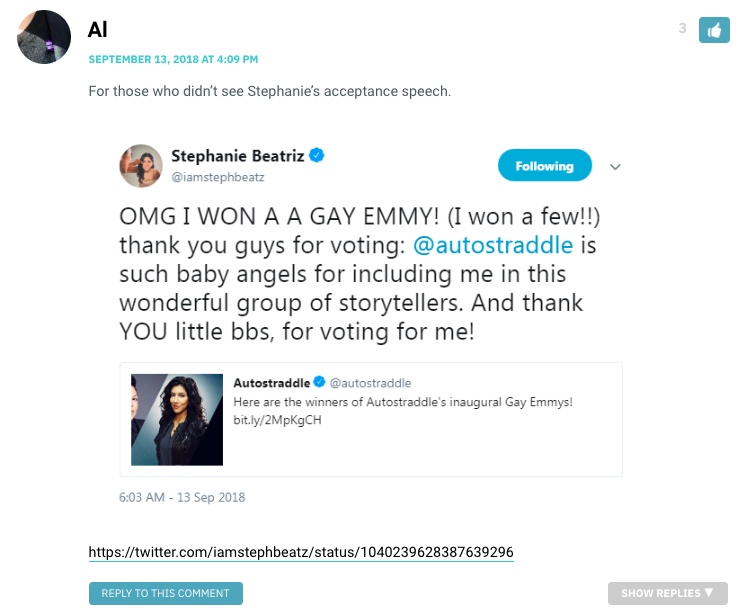 Al: For those who didn’t see Stephanie’s acceptance speech. / Stephanie Beatriz on twitter: OMG I WON A GAY EMMY! Thank you for voting; Autostraddle is such baby angels for including me.