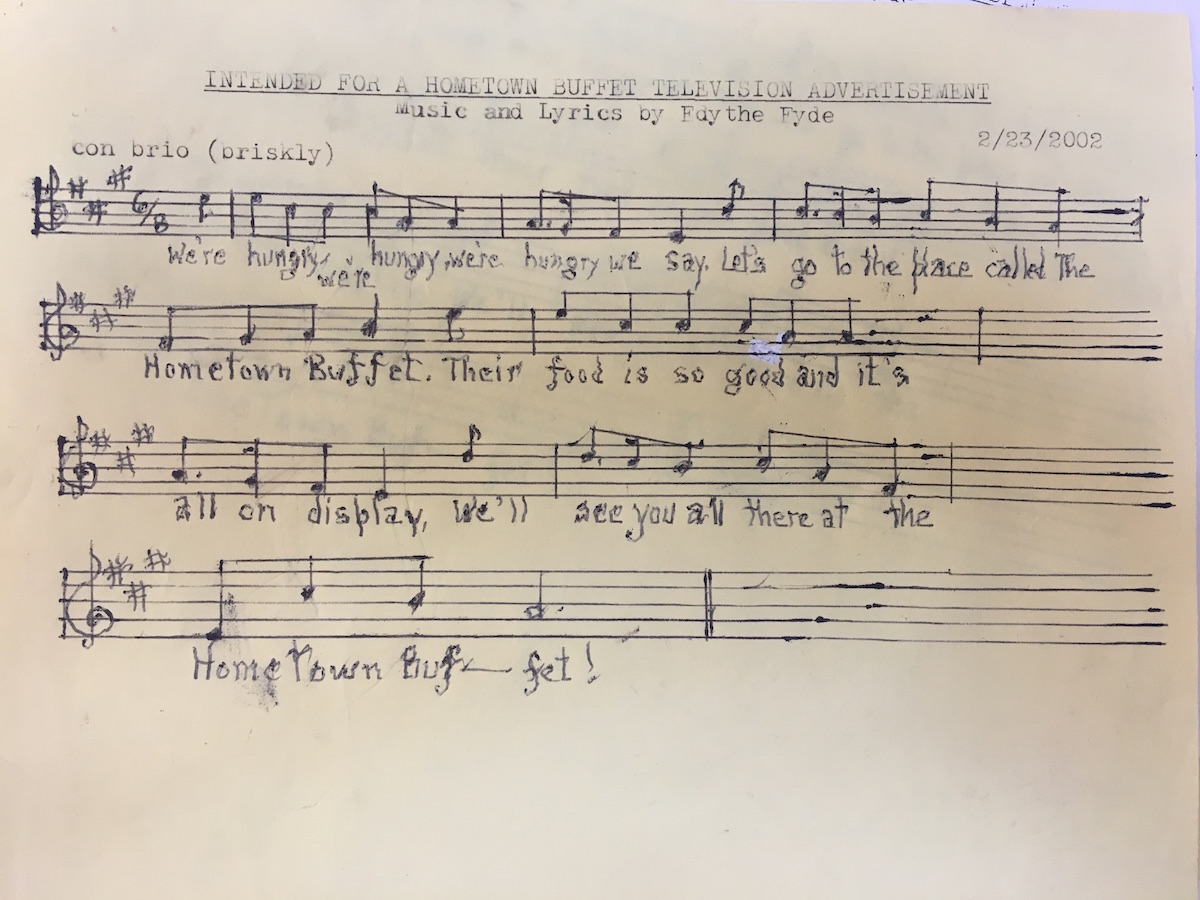 Hometown Buffet jingle lyrics: We're Hungry, We're hungry, we're hungry we say!Let's go to that place called The Hometown Buffet, Their food is so good and it's all on display, We'll see you all there at the Hometown buffet.