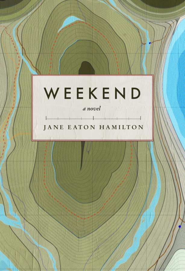 the cover of the book <em>Weekend</em>, with the title in a white box floating over a topographic map that looks like a body or maybe vulva