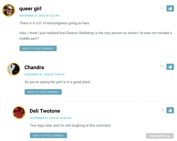 Queer Girl: I think I just realized that Eleanor Shellstrop is the only person on whom I’ve ever not minded a middle part? / Chandra: So would you say her hair is in...a good place