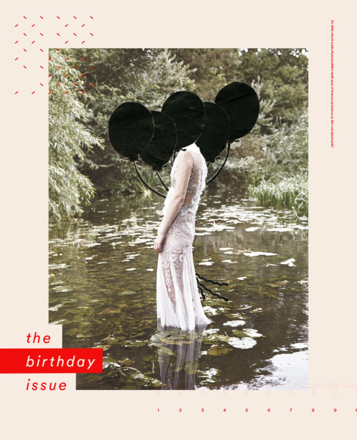 the birthday issue [graphic is a woman standing in the water, head is covered in black balloons]