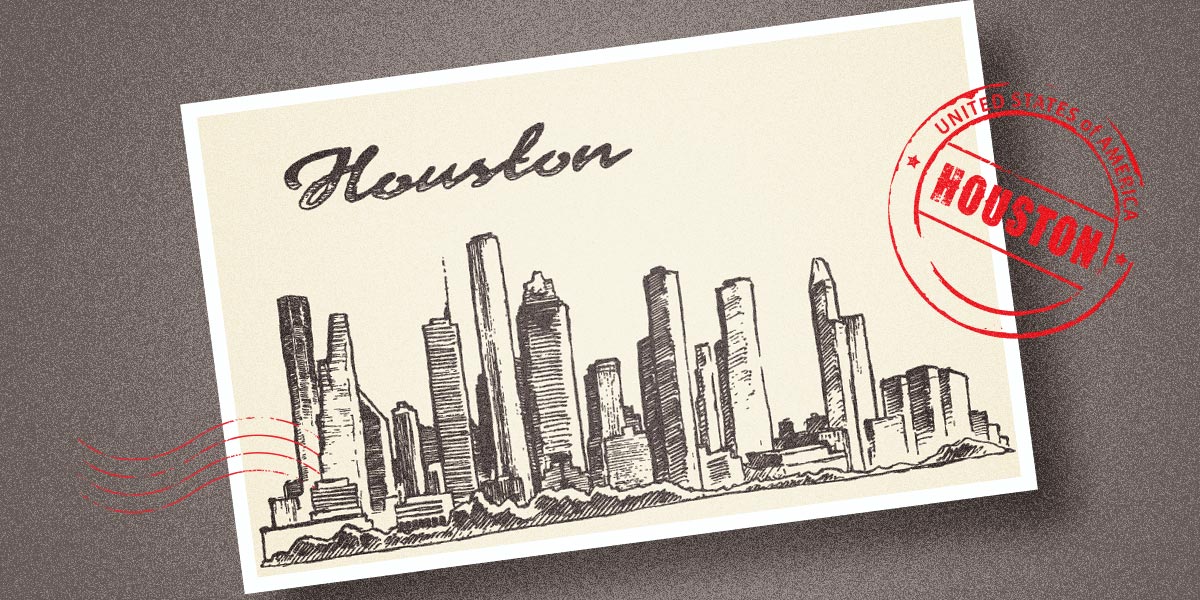 Postcard of Houston with Stamped imagery over it