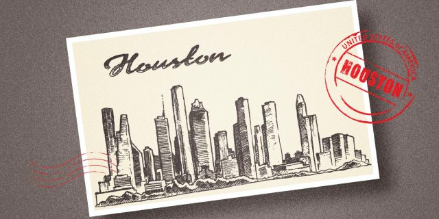 Postcard of Houston with Stamped imagery over it