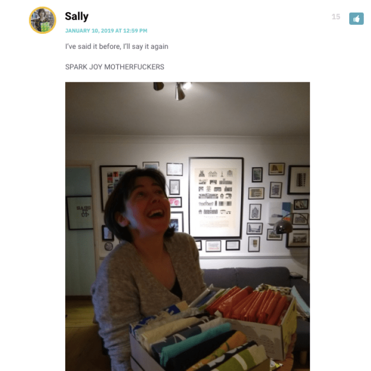I said it before and I'll say it again: spark joy, motherfuckers! [Photo of sally holding two boxes of tote bags folded in the Marie Kondo way, laughing maniacally}