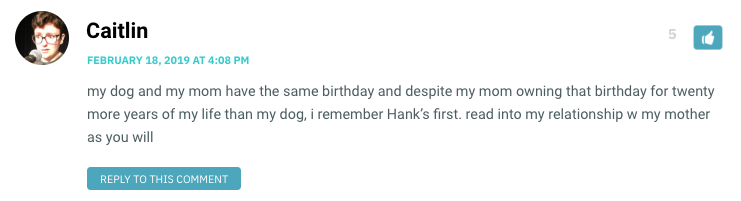 my dog and my mom have the same birthday and despite my mom owning that birthday for twenty more years of my life than my dog, i remember Hank’s first. read into my relationship w my mother as you will