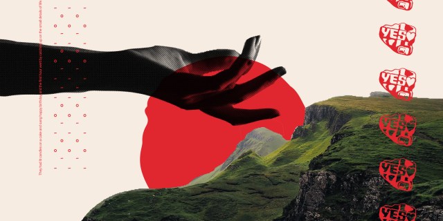 collage - hand reaching for shores of ireland, a red sunset