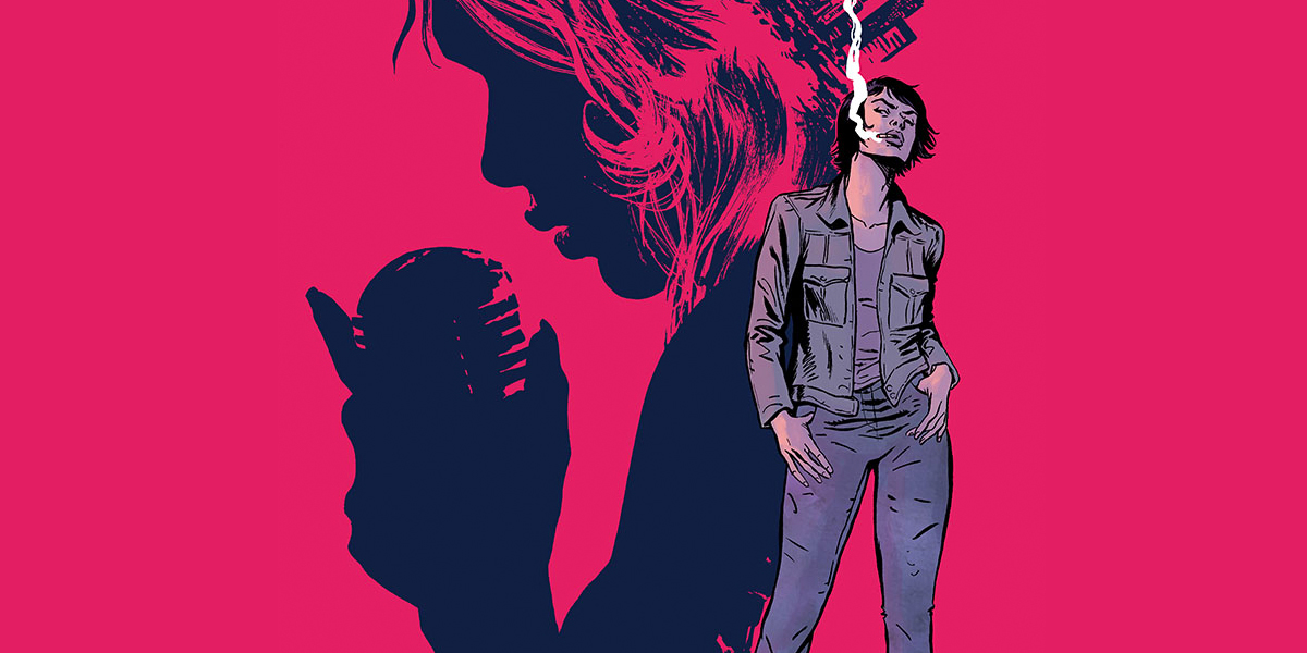 work for a million comic book art: helen smoking a cigarette in workmans clothes, a silhouette of a woman singing into a microphone behind her