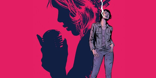 work for a million comic book art: helen smoking a cigarette in workmans clothes, a silhouette of a woman singing into a microphone behind her