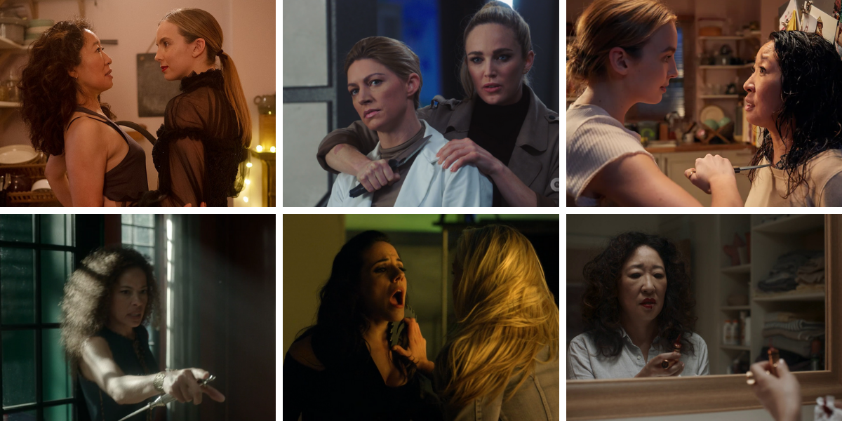 Photo 1: Villanelle holds a blade against Eve in Killing Eve. Photo 2: Sara is holding the knife to Ava's neck on Legends Of Tomorrow. Photo 3: Villanelle holds a knife against Eve's neck on Killing Eve. Photo 4: Taissa holds a letter opener on Yellowjackets. Photo 5: Tamsin holds a circular saw against Bo's neck. Photo 6: Eve holds a lipstick on Killing Eve