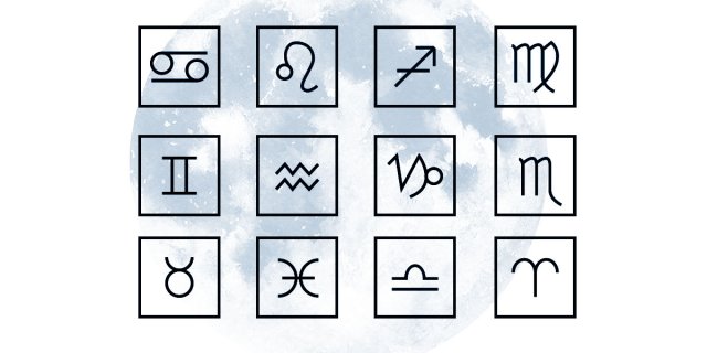 A hand drawn illustration of all the various astrological signs with a light blue cloudy sky behind them.
