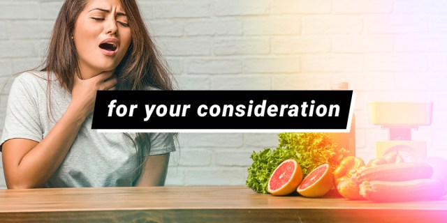 for your consideration logo - woman choking herself over juice