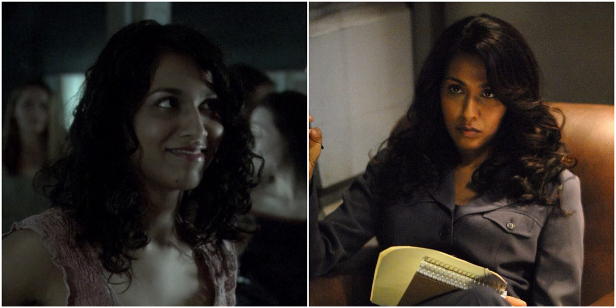 Side-by-side of the actress Rekha Sharma. On the left, she has dark curly hair and a sly look on her face as she meets Shane in a bar. On the right, she wears a blue blouse and has a stern look on her face as she plays Tory Foster on Battlestar Galactica.