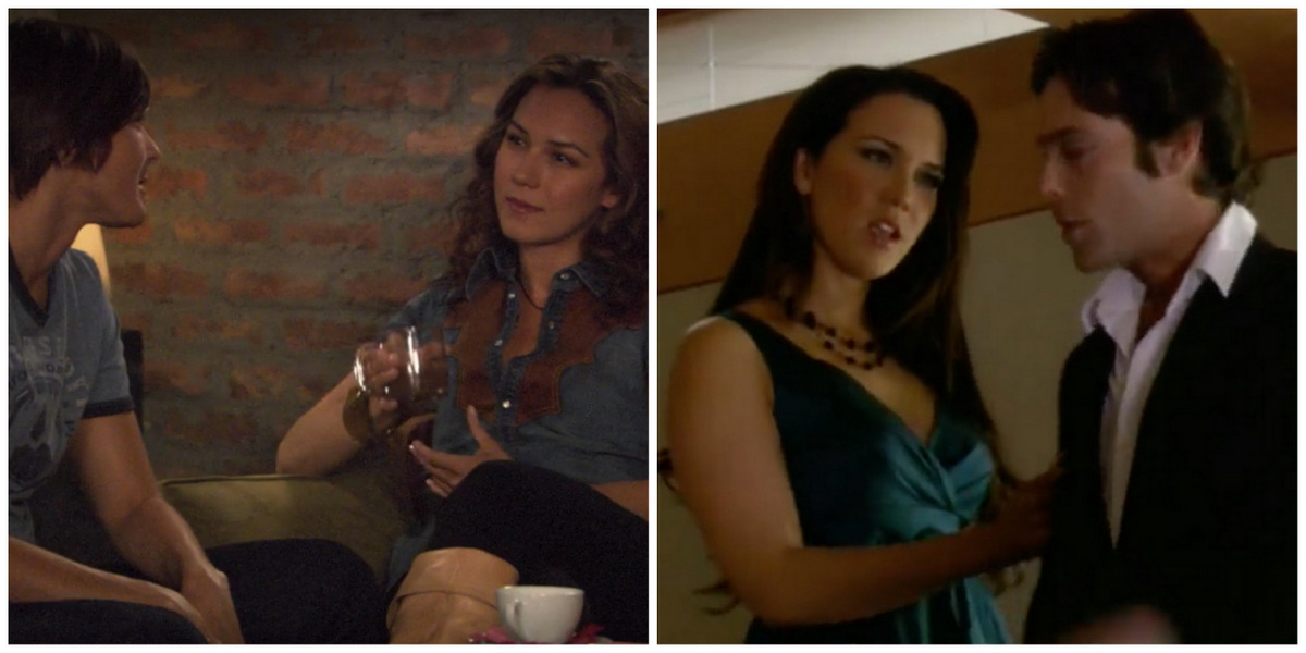 Side-by-side of the actress Simone Bailly. On the left she has brown curly hair, is wearing a cowgirl shirt and high boots, is holding a coffee cup as she plays Grace, who dates Max in Season Four. On the right, she wears a blue party dress and has dark brown straight hair as she plays Shona in Battlestar Galactica.