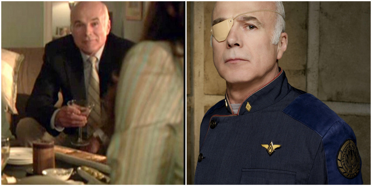 Side-by-side of the actor Michael Hogan. On the left, he is playing Dana's dad, wearing a suit and tie and holding a martini glass. On the right, he is playing Colonel Tigh, wearing a blue Battlestar Galactica jacket and an eye patch with a stern look on his face.