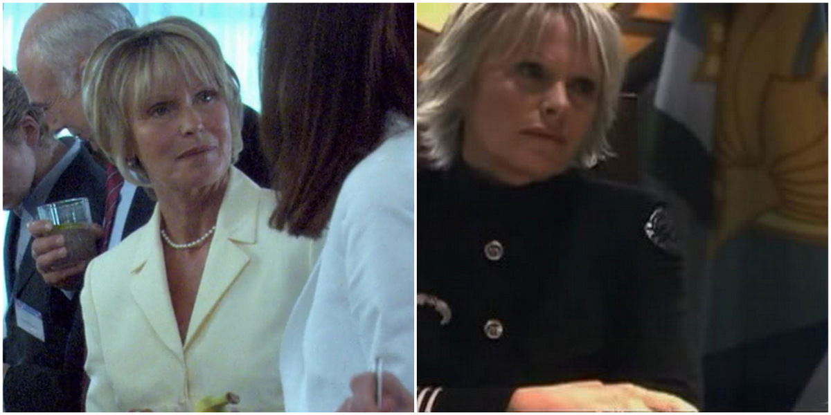 Side-by-side of the actress Susan Hogan. On the left, she plays Dana Fairbanks' mom wearing a cream-colored pantsuit and pearls and is at a cocktail party with her daughter. On the right, she wears a high-collar black jacket as she plays Captain Doyle Franks on Battlestar Galactica. 