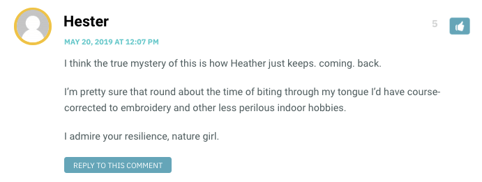 I think the true mystery of this is how Heather just keeps. coming. back. I’m pretty sure that round about the time of biting through my tongue I’d have course-corrected to embroidery and other less perilous indoor hobbies. I admire your resilience, nature girl.