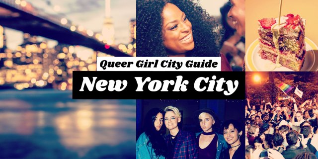 queer girl city guide: new york city / images of brooklyn bridge, new yorkers posing at an event, a woman laughing, a piece of cake from meme's diner, and a crowd of people celebrating the marriage equality act being passed with a rainbow flag