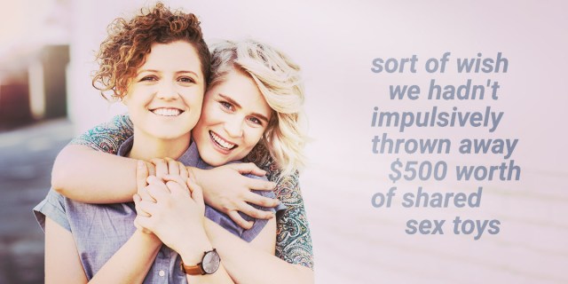 caption: sort of wish we hadn't impulsively thrown away $500 worth of shared sex toys image: two girls embracing