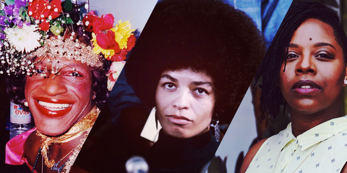 A collage featuring three key figures in Black August: Marsha P Johnson, Angela Davis, and Patrisse Cullors