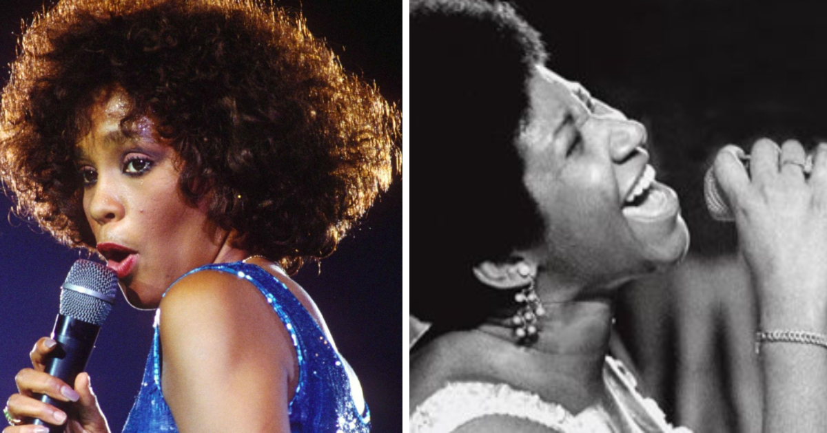 A collage of Whitney Houston singing in the 1980s and Aretha Franklin also signing in the 1960s.