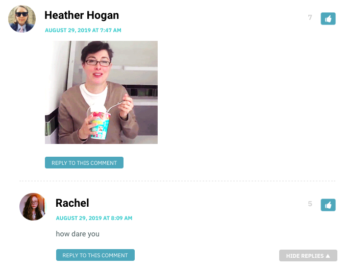 Heather: [gif of Sue Perkins eating a frozen treat, looking super cute / Rachel: how dare you