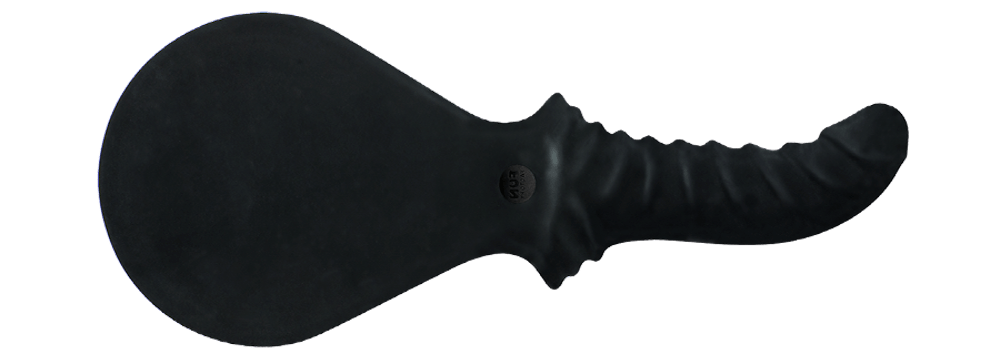 a black paddle with a round surface and a curved, ridged dildo for a handle