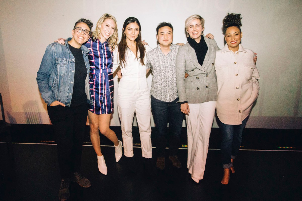 A group photo. From left to right: Carly Usdin, Riese Bernard, Arienne Mandi, Leo Sheng, Jacqueline Toboni, and Rosanny Zayas