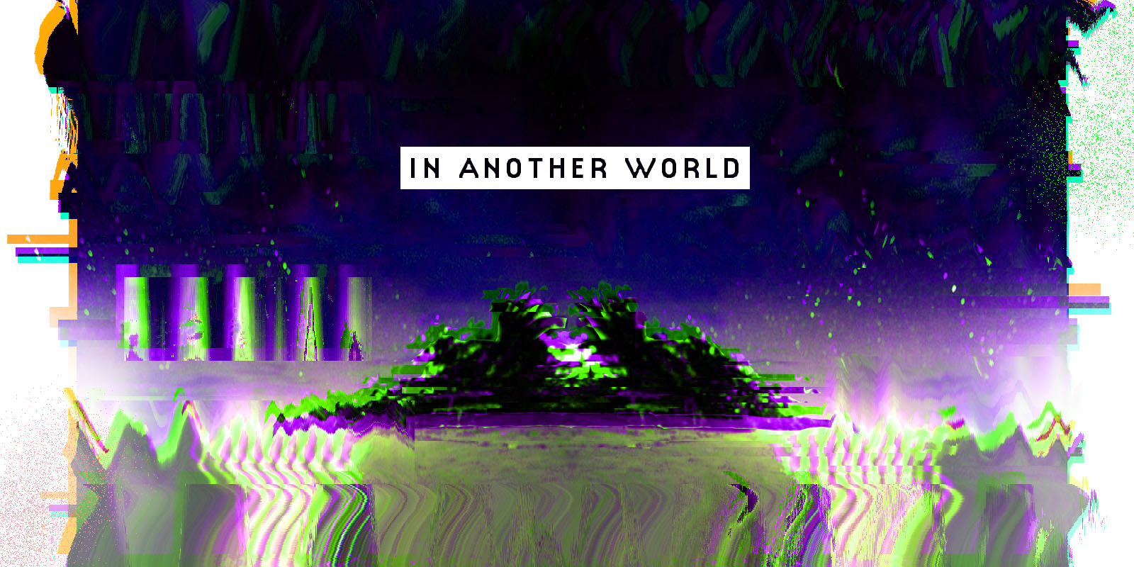 in another world [image of a highly glitchy and alien landscape — an island in water, with a dark purple sky