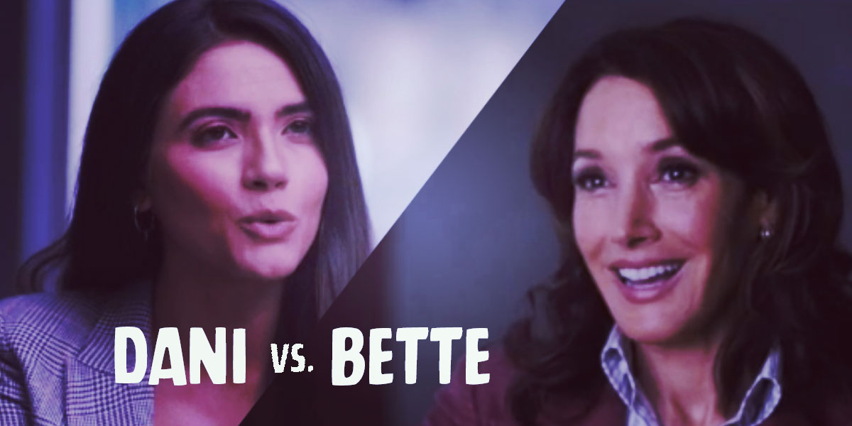 Constructued graphic indicating a fight between Dani and Bette. Dani on one side and Bette on the other with the words "Dani vs Bette" overlayed.