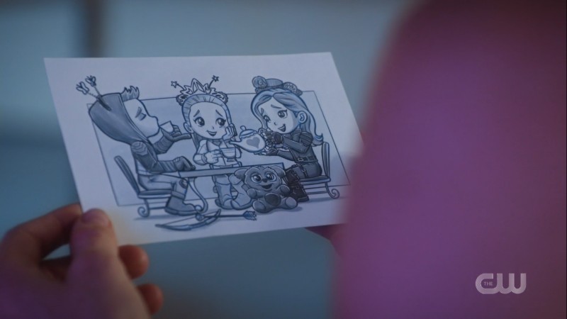 Lord Mesa drawing of Oliver, Sara, and Laurel having a tea party