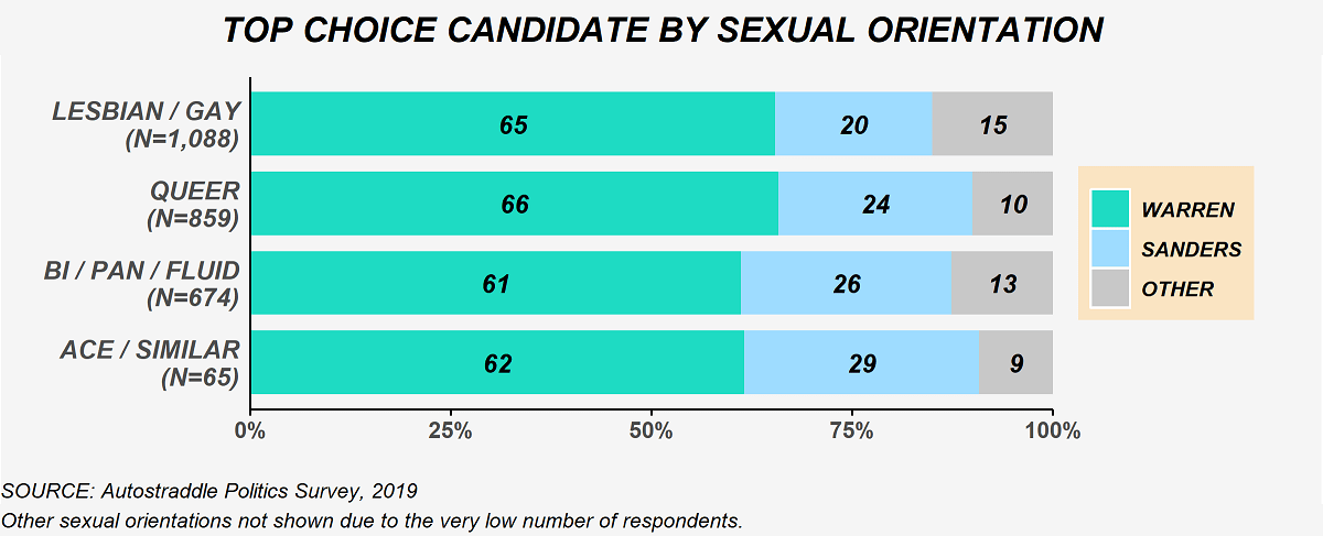 The chart shows top choice candidate selections by sexual orientation. Among lesbian / gay people (N = 1,088): 65% Warren, 20% Sanders, 15% other candidate. Among queer people (N = 859): 66% Warren, 24% Sanders, 10% other candidate. Among bisexual, pansexual, sexually fluid people (N = 674): 61% Warren, 26% Sanders, 13% other candidate. Among asexual or similar people (N = 65): 62% Warren, 29% Sanders, 9% other candidate. The other sexual orientations category is not shown due to the very low number of respondents. 