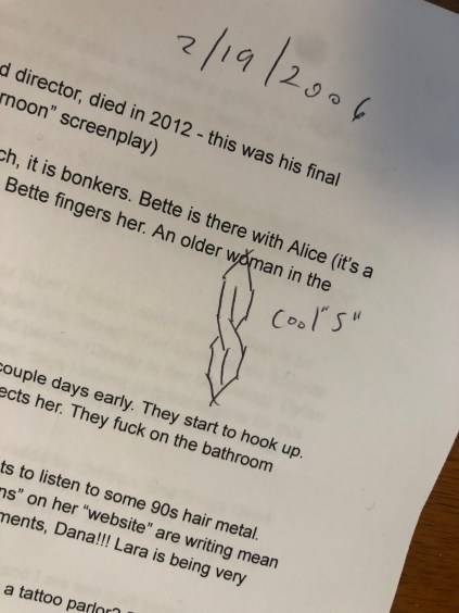 A zoomed-in picture of a script from The L Word. It is dated February 19, 2006. There is a drawing of an S, drawn from a series of 6 vertical lines, and it is labelled "Cool 'S'"