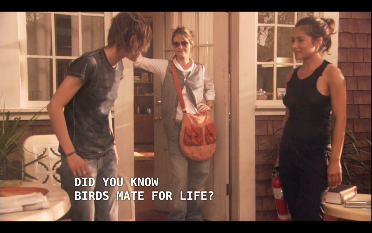 Shane (wearing jeans and a black t-shirt), Alice (wearing a gray vest, white shirt, gray pants, and sunglasses), and Carmen (wearing black pants and a black tank top) stand outside on the patio of Shane and Jenny's house. Shane says to Alice, "Did you know birds mate for life?"